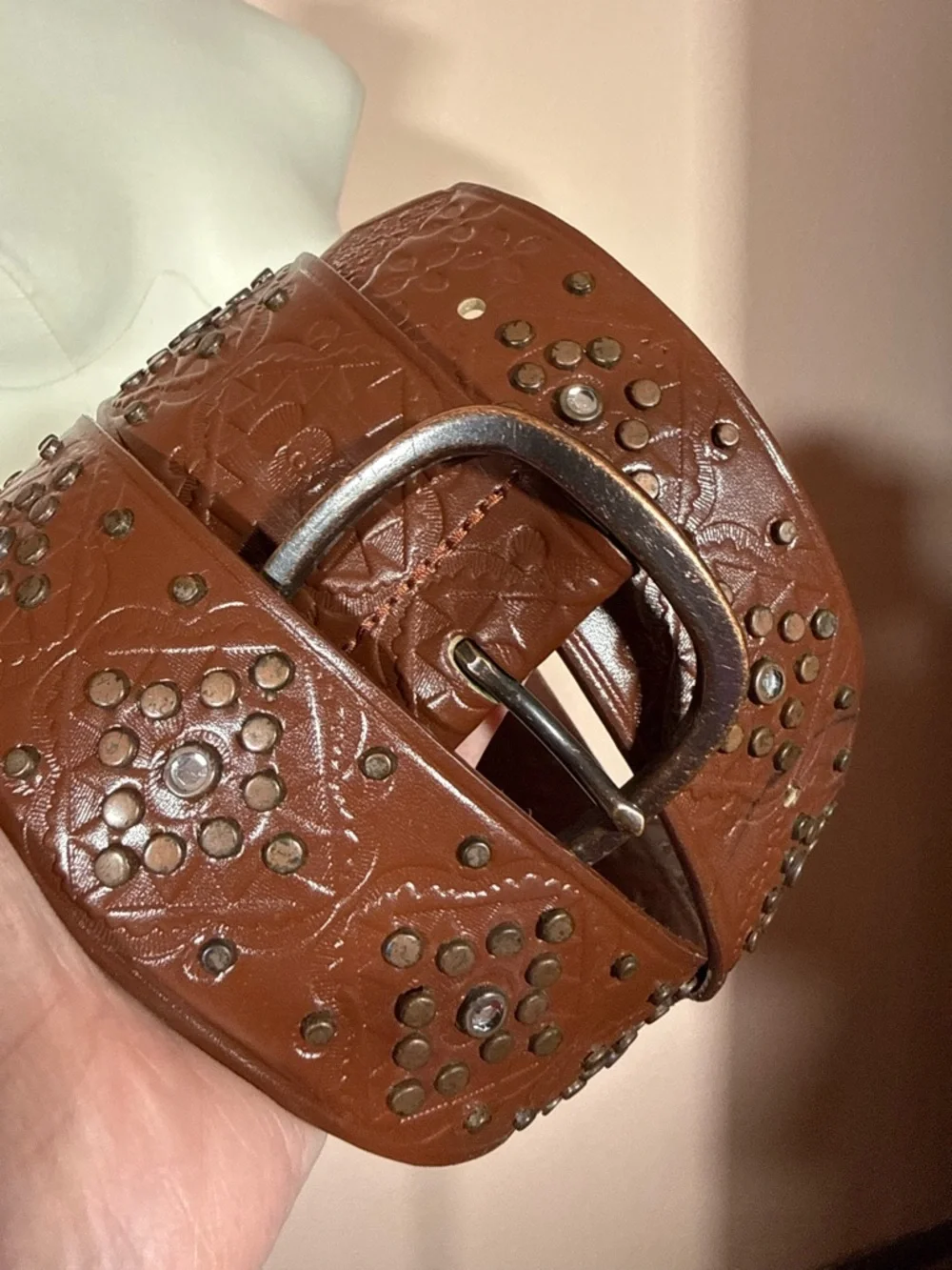 Lake Shore Drive Brown tooled leather Studded wide Vintage Western Belt large - Picture 1 of 17